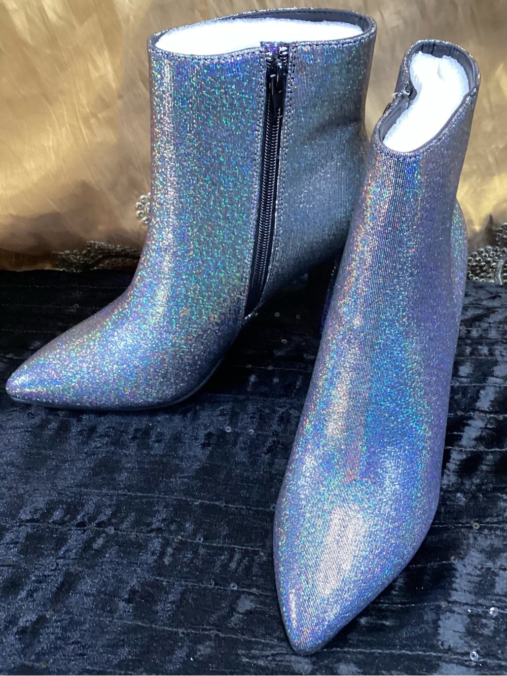 Madden Girl Bonnie Black Hologram Glitter Pointed Ankle Boots  8M EUC